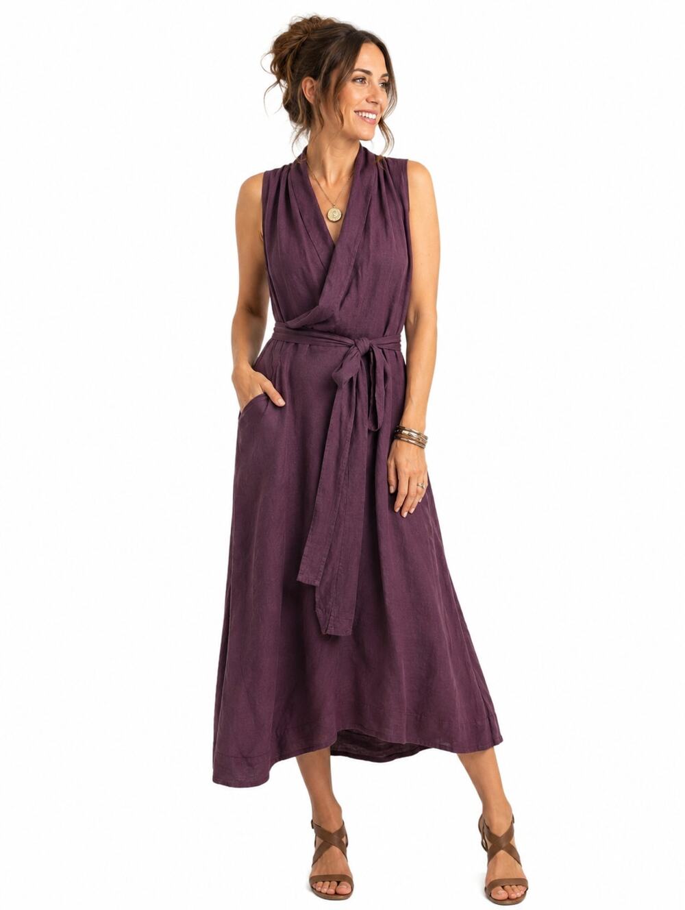 CTHE Linen Blend Plum Purple Sleeveless faux Wrap Midi Dress L Boho Lagenlook